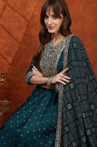 women ethnic motifs embroidered tiered thread work  silk kurta with trousers & with dupatta