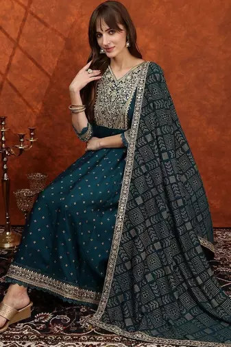 women ethnic motifs embroidered tiered thread work  silk kurta with trousers & with dupatta