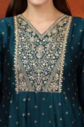 women ethnic motifs embroidered tiered thread work  silk kurta with trousers & with dupatta