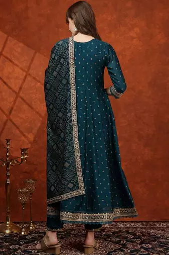 women ethnic motifs embroidered tiered thread work  silk kurta with trousers & with dupatta