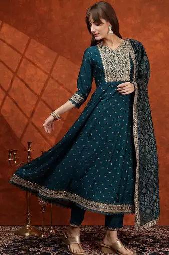 women ethnic motifs embroidered tiered thread work  silk kurta with trousers & with dupatta