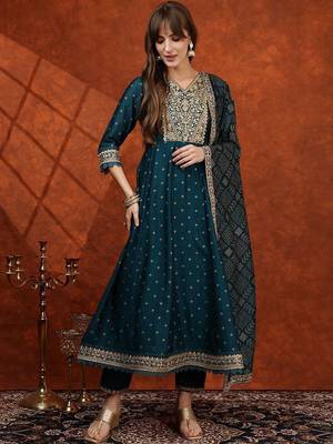 women ethnic motifs embroidered tiered thread work  silk kurta with trousers & with dupatta 7