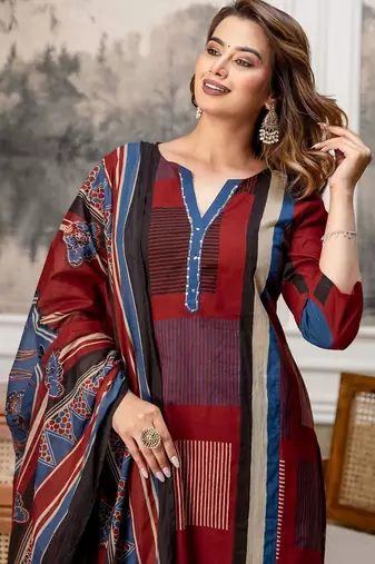 women embroidered sequinned  cotton kurta with trousers & with dupatta