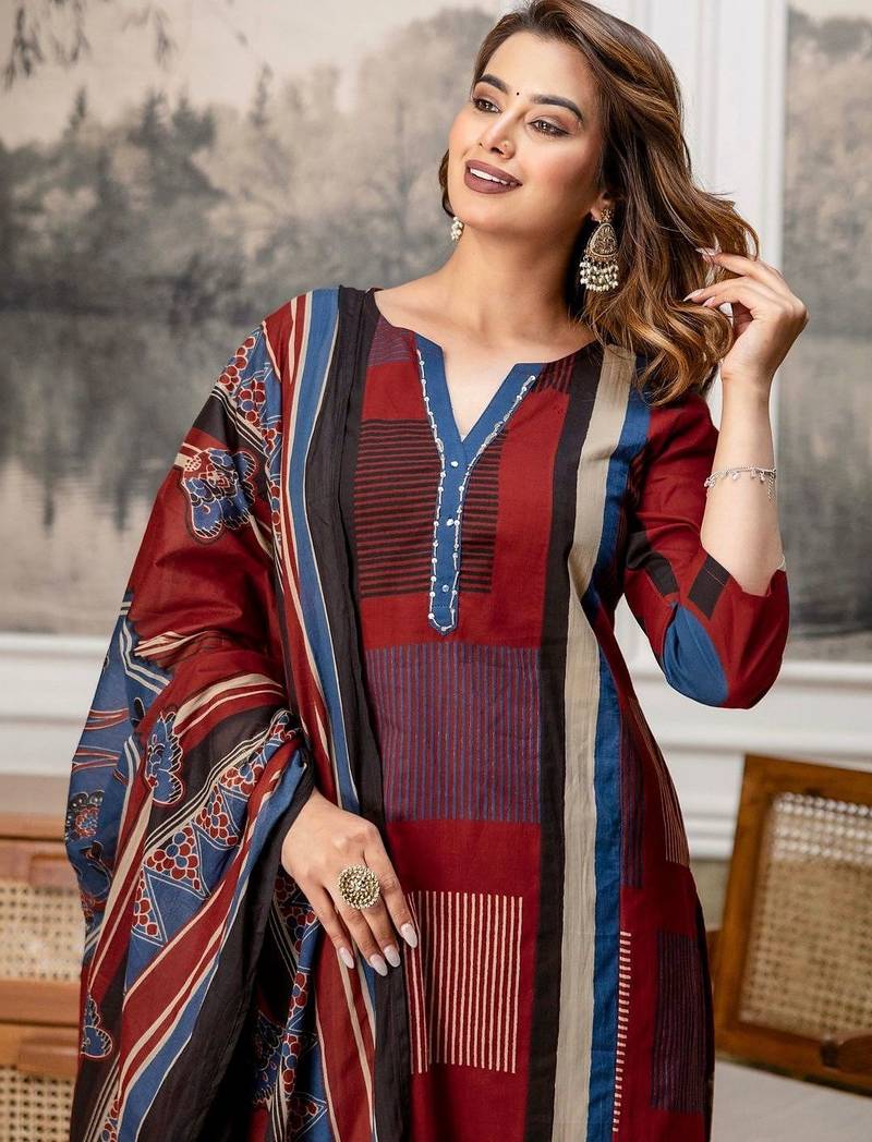 women embroidered sequinned  cotton kurta with trousers & with dupatta