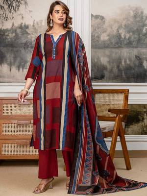 women embroidered sequinned  cotton kurta with trousers & with dupatta 3