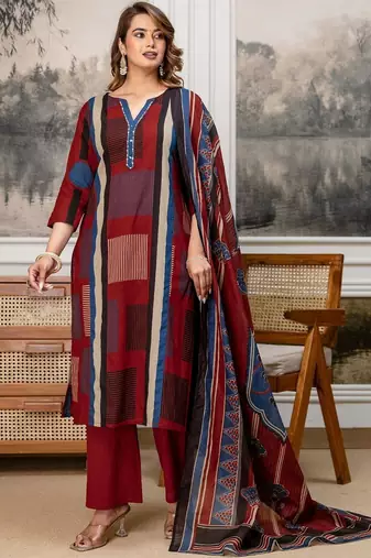 women embroidered sequinned  cotton kurta with trousers & with dupatta