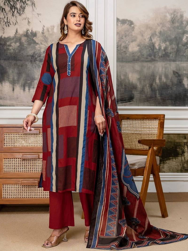 women embroidered sequinned  cotton kurta with trousers & with dupatta