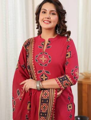 women ethnic motifs printed regular  cotton kurta with palazzos & with dupatta 5