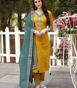women paisley embroidered regular thread work chanderi cotton kurta set