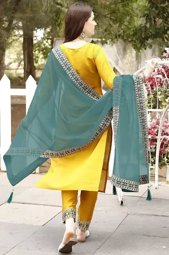 women paisley embroidered regular thread work chanderi cotton kurta set