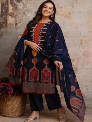 women ethnic motifs printed regular mirror work  cotton kurta with palazzos & with dupatta 1