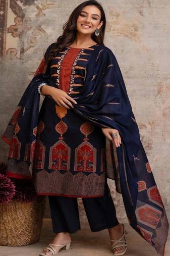 women ethnic motifs printed regular mirror work  cotton kurta with palazzos & with dupatta