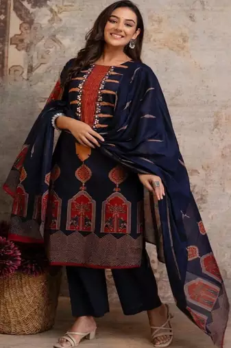 women ethnic motifs printed regular mirror work  cotton kurta with palazzos & with dupatta