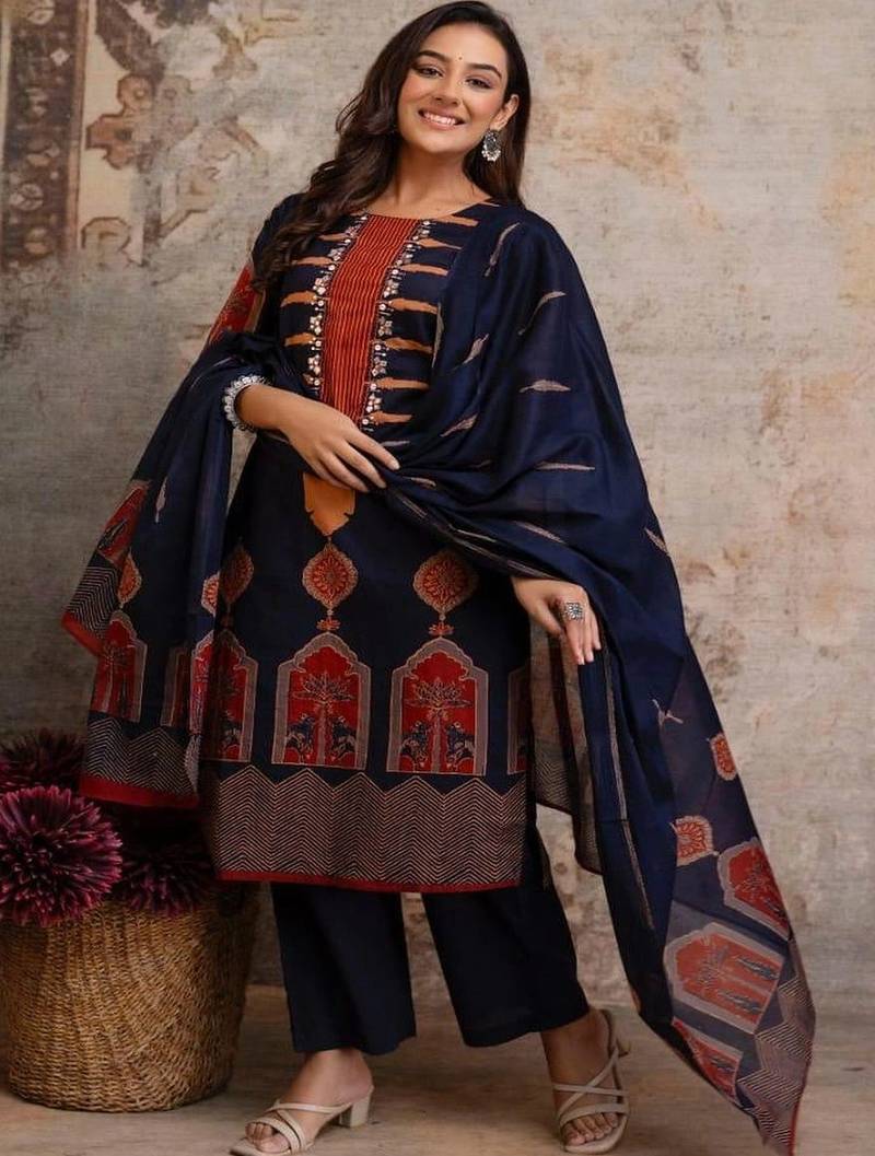 women ethnic motifs printed regular mirror work  cotton kurta with palazzos & with dupatta