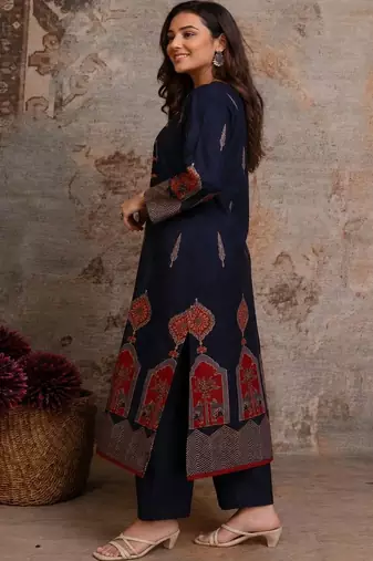 women ethnic motifs printed regular mirror work  cotton kurta with palazzos & with dupatta