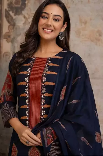 women ethnic motifs printed regular mirror work  cotton kurta with palazzos & with dupatta
