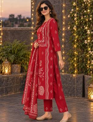 women ethnic motifs printed regular  cotton kurta with trousers & with dupatta 1