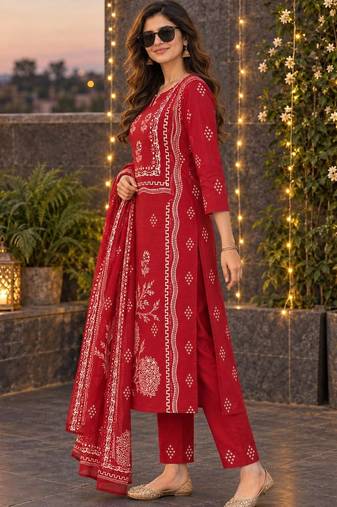women ethnic motifs printed regular  cotton kurta with trousers & with dupatta