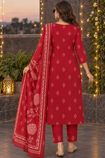 women ethnic motifs printed regular  cotton kurta with trousers & with dupatta