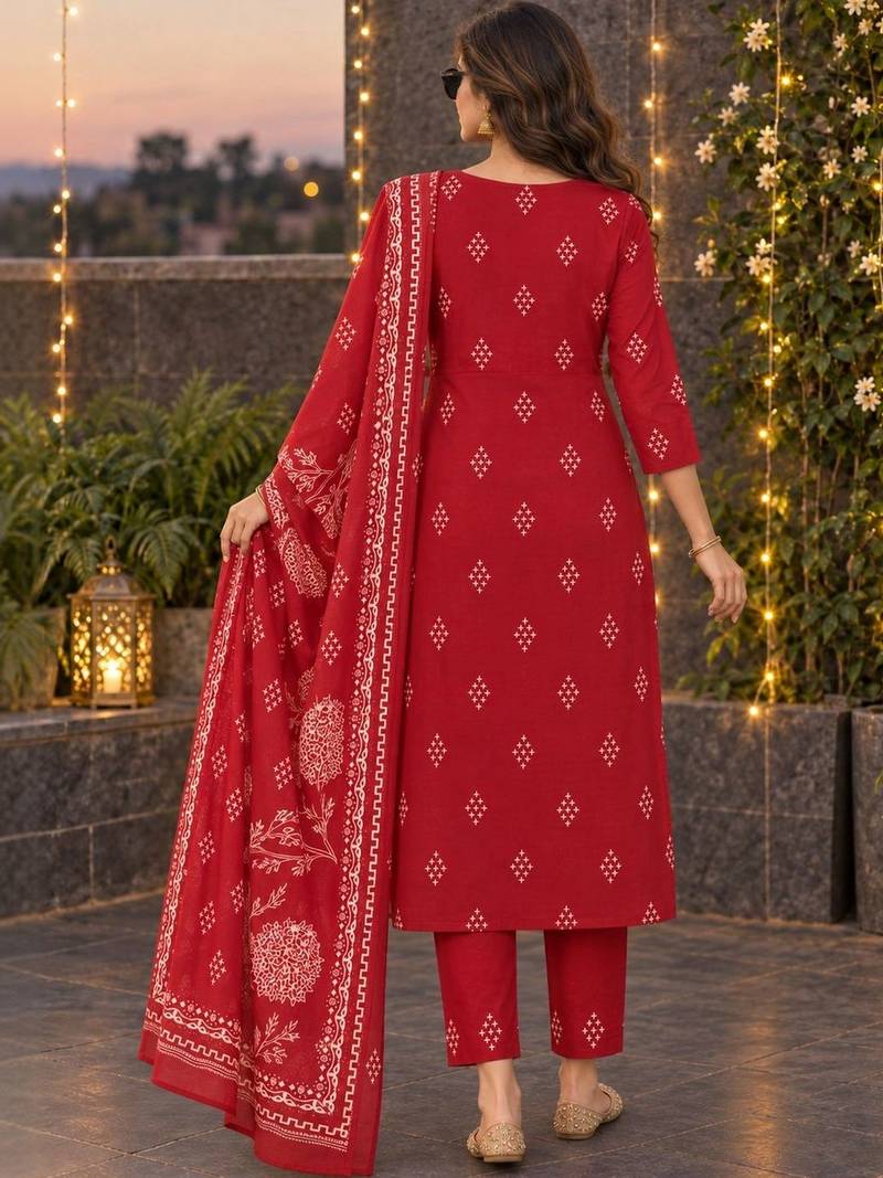 women ethnic motifs printed regular  cotton kurta with trousers & with dupatta