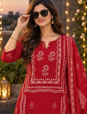 women ethnic motifs printed regular  cotton kurta with trousers & with dupatta 3