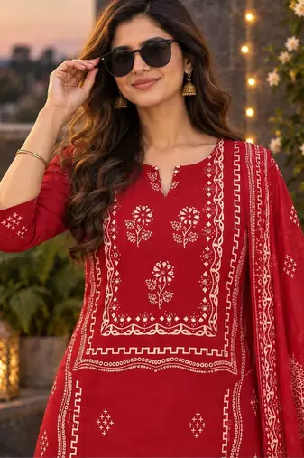 women ethnic motifs printed regular  cotton kurta with trousers & with dupatta