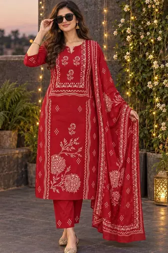 women ethnic motifs printed regular  cotton kurta with trousers & with dupatta