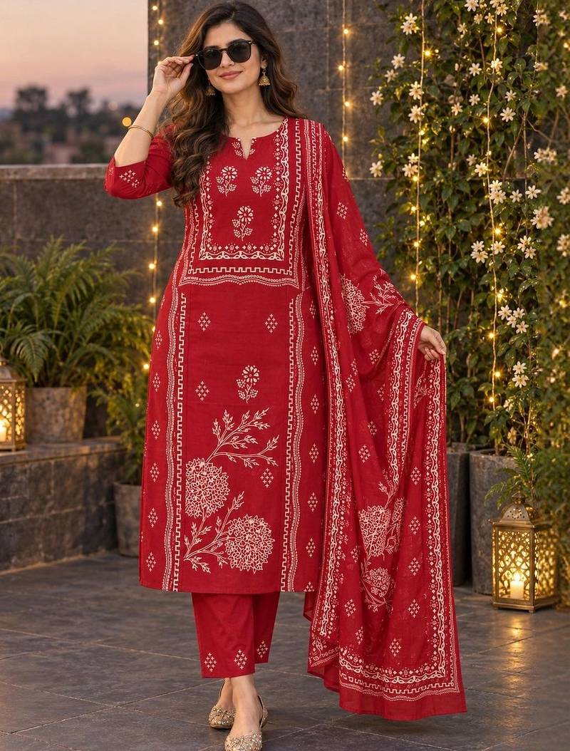 women ethnic motifs printed regular  cotton kurta with trousers & with dupatta