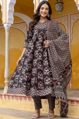 women ethnic motifs printed regular sequinned  cotton kurta with trousers & with dupatta