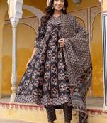 women ethnic motifs printed regular sequinned  cotton kurta with trousers & with dupatta