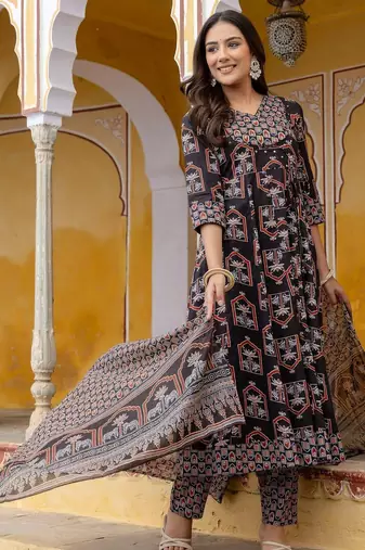 women ethnic motifs printed regular sequinned  cotton kurta with trousers & with dupatta