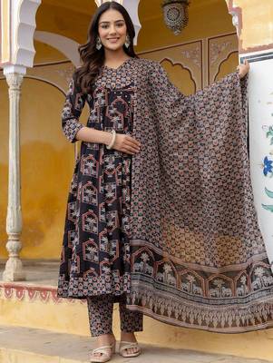 women ethnic motifs printed regular sequinned  cotton kurta with trousers & with dupatta 6