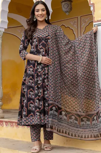 women ethnic motifs printed regular sequinned  cotton kurta with trousers & with dupatta