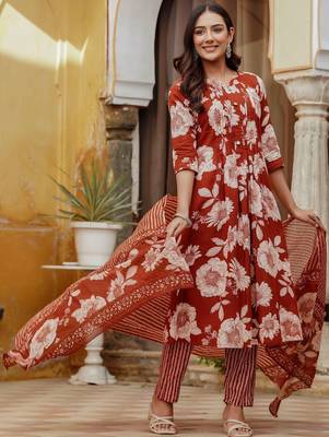 women floral printed pleated  cotton kurta with trousers & with dupatta 1