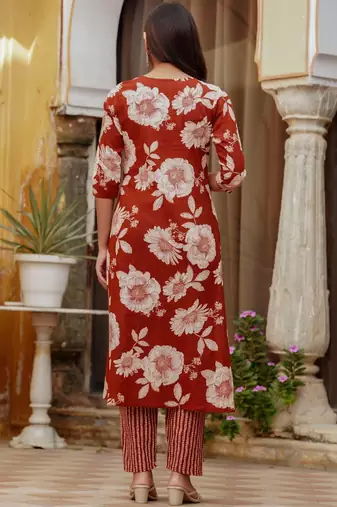 women floral printed pleated  cotton kurta with trousers & with dupatta