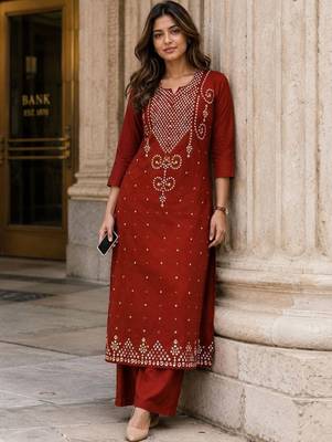 women ethnic motifs embroidered regular thread work  cotton kurta with palazzos 1