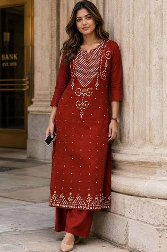 women ethnic motifs embroidered regular thread work  cotton kurta with palazzos