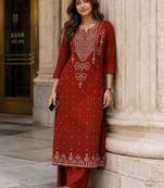 women ethnic motifs embroidered regular thread work  cotton kurta with palazzos