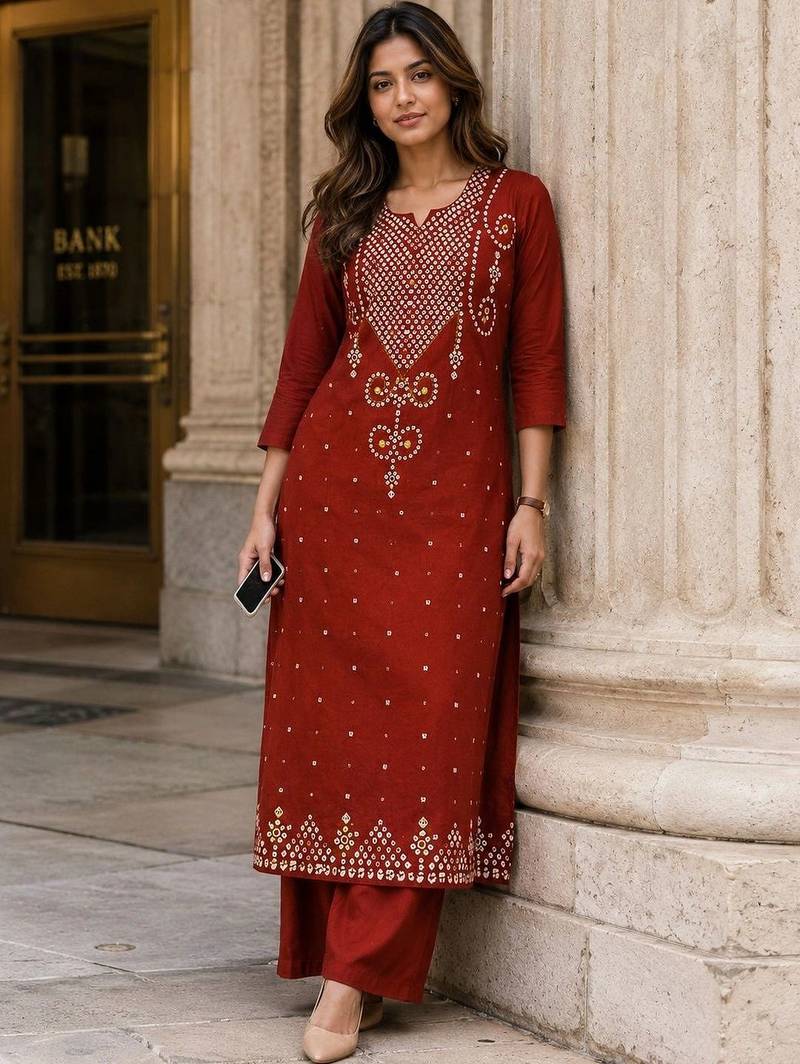 women ethnic motifs embroidered regular thread work  cotton kurta with palazzos
