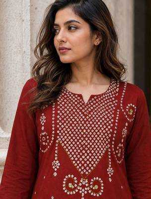 women ethnic motifs embroidered regular thread work  cotton kurta with palazzos 2