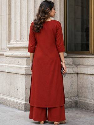 women ethnic motifs embroidered regular thread work  cotton kurta with palazzos 3