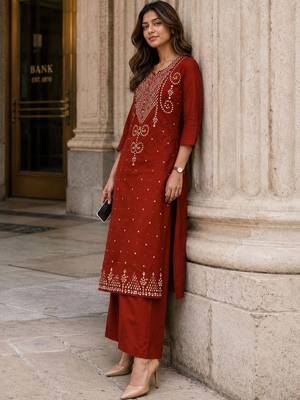 women ethnic motifs embroidered regular thread work  cotton kurta with palazzos 4