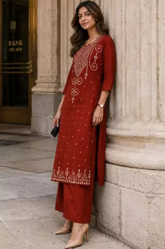women ethnic motifs embroidered regular thread work  cotton kurta with palazzos