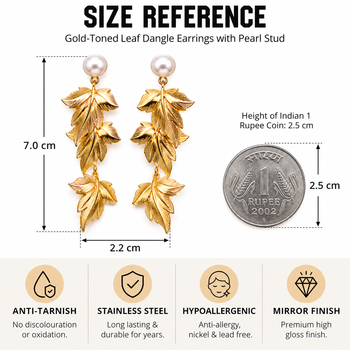 Anti-tarnish gold-toned leaf drop earrings with pearl stud, anti-tarnish studs 3