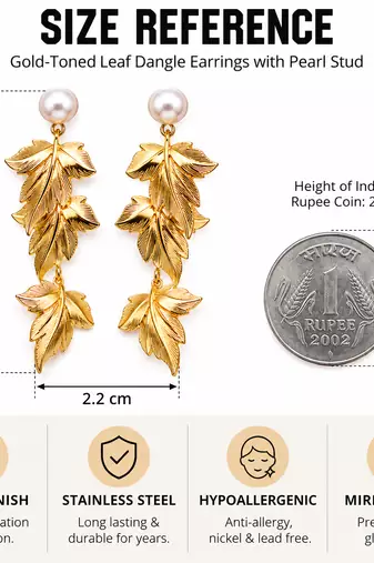 Anti-tarnish gold-toned leaf drop earrings with pearl stud, anti-tarnish studs