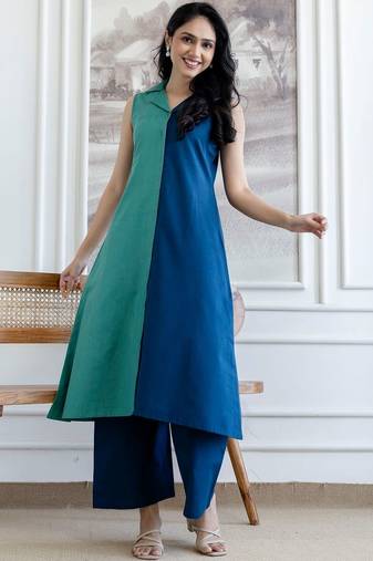 women colourblocked  cotton kurta with palazzos