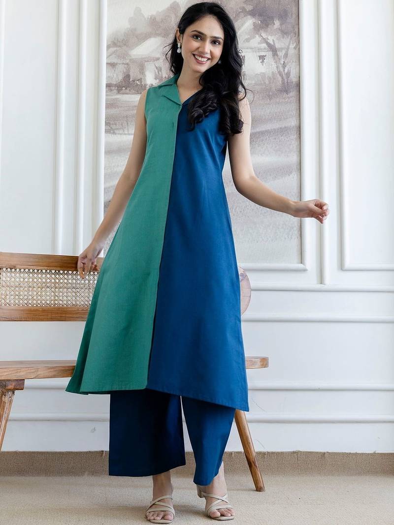 women colourblocked  cotton kurta with palazzos