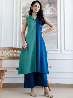 women colourblocked  cotton kurta with palazzos 2