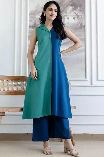 women colourblocked  cotton kurta with palazzos