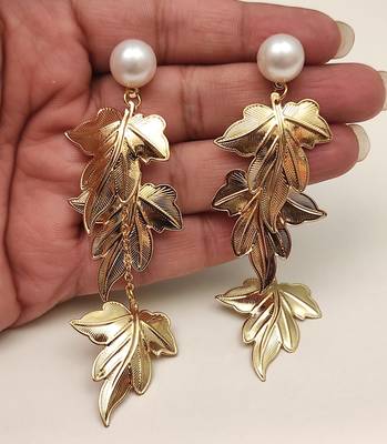 Anti-tarnish gold-toned leaf drop earrings with pearl stud, anti-tarnish studs 4